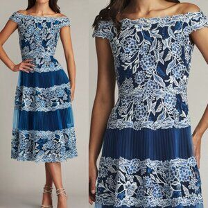 NWT Tadashi Shoji KLEIN EMBROIDERED TEA-LENGTH DRESS Pacific Blue Size 4